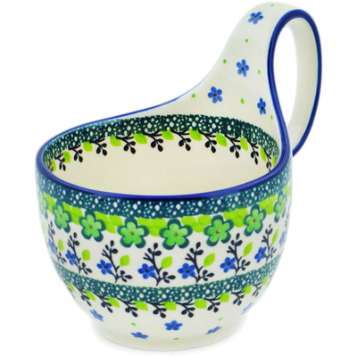Polish Pottery Bowl with Loop-Handle 16 oz Green Chrysanthemums UNIKAT