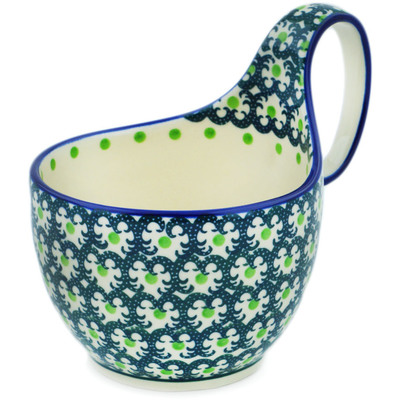 Polish Pottery Bowl with Loop Handle 16 oz Green Crown