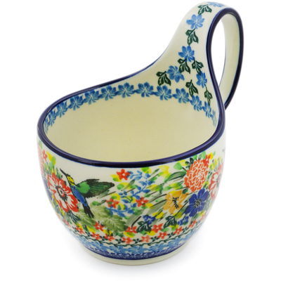 Polish Pottery Bowl with Loop-Handle 16 oz Hummingbird Meadow UNIKAT