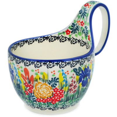Polish Pottery Bowl with Loop Handle 16 oz Iris Bouquet UNIKAT