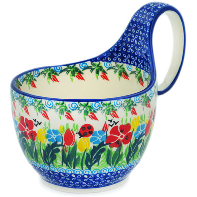 Polish Pottery Bowl with Loop Handle 16 oz Lady Bug Meadow UNIKAT