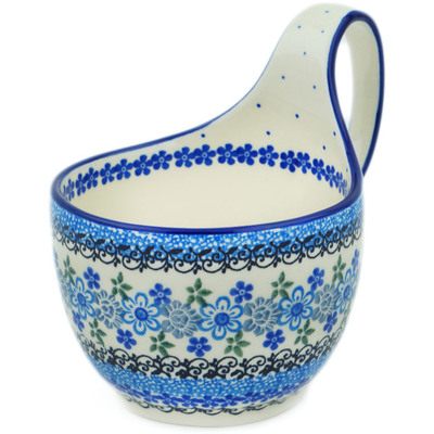 Polish Pottery Bowl with Loop Handle 16 oz Light Blue Lace