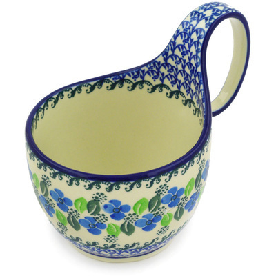 Polish Pottery Bowl with Loop Handle 16 oz Lime Flower