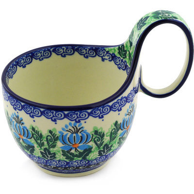 Polish Pottery Bowl with Loop Handle 16 oz Lotus Flower UNIKAT