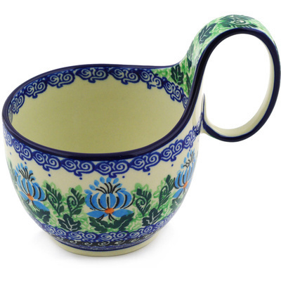 Polish Pottery Bowl with Loop-Handle 16 oz Lotus Flower UNIKAT
