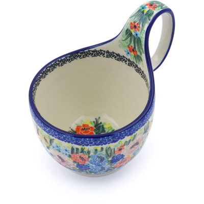 Polish Pottery Bowl with Loop-Handle 16 oz Mauve Bouquet UNIKAT