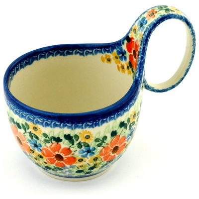 Polish Pottery Bowl with Loop Handle 16 oz May Flowers UNIKAT