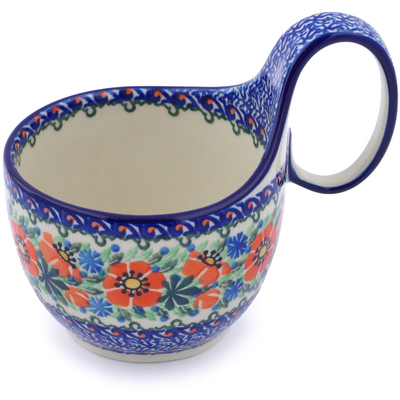 Polish Pottery Bowl with Loop Handle 16 oz Orange Blooms UNIKAT