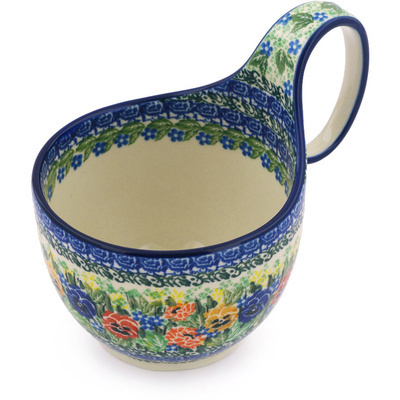 Polish Pottery Bowl with Loop-Handle 16 oz Pansy Dance UNIKAT