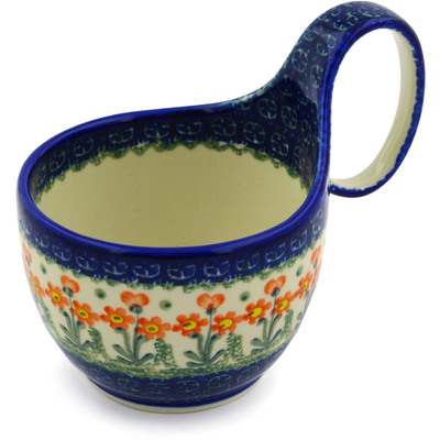 Polish Pottery Bowl with Loop Handle 16 oz Peach Spring Daisy