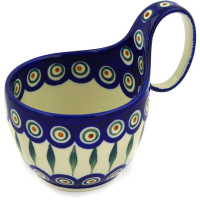 Polish Pottery Bowl with Loop Handle 16 oz Peacock Leaves