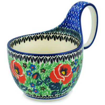Polish Pottery Bowl with Loop-Handle 16 oz Playful Poppy UNIKAT