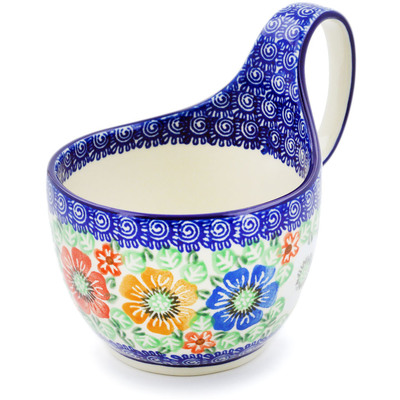 Polish Pottery Bowl with Loop Handle 16 oz Primary Flowers UNIKAT