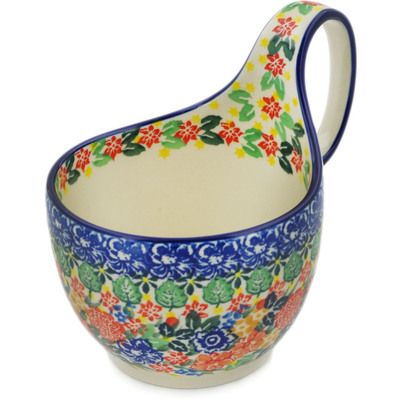 Polish Pottery Bowl with Loop-Handle 16 oz Red Bouquet UNIKAT