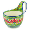 Polish Pottery Bowl with Loop-Handle 16 oz Red Flora On Green Daisy UNIKAT