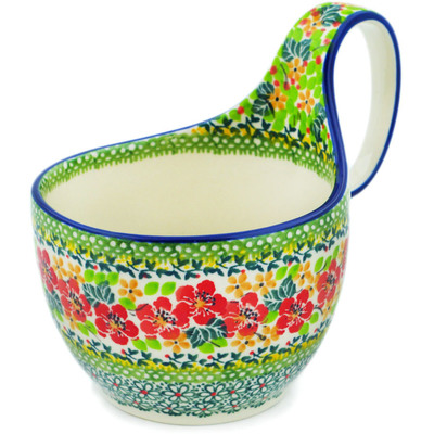 Polish Pottery Bowl with Loop-Handle 16 oz Red Flora On Green Daisy UNIKAT