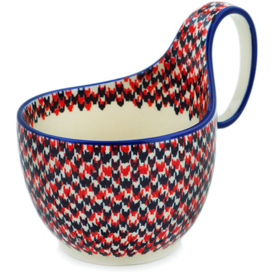 Polish Pottery Bowl with Loop Handle 16 oz Red Houndstooth