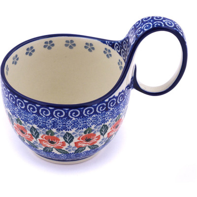 Polish Pottery Bowl with Loop Handle 16 oz Red Poppies On Blue