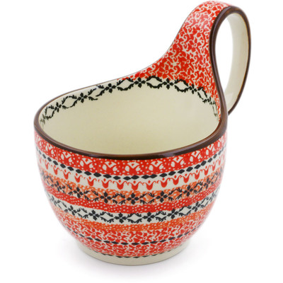 Polish Pottery Bowl with Loop Handle 16 oz Red Sea UNIKAT