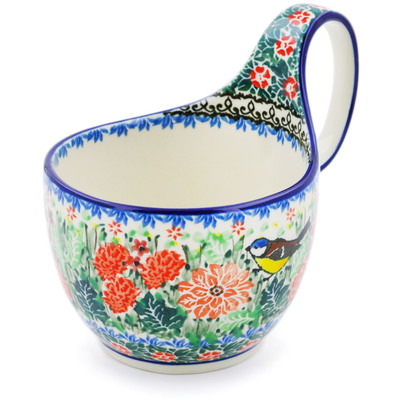 Polish Pottery Bowl with Loop-Handle 16 oz Robbin&#039;s Meadow UNIKAT