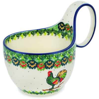 Polish Pottery Bowl with Loop-Handle 16 oz Rooster&#039;s Crow UNIKAT