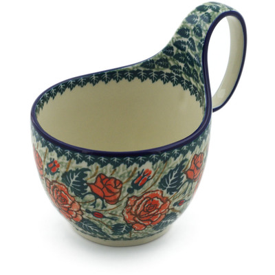 Polish Pottery Bowl with Loop-Handle 16 oz Rose Princess UNIKAT
