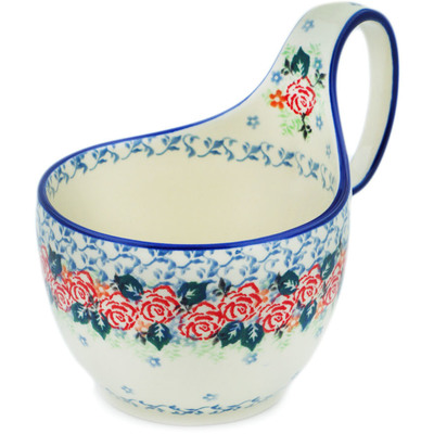 Polish Pottery Bowl with Loop-Handle 16 oz Rose Wreath UNIKAT