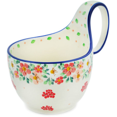 Polish Pottery Bowl with Loop-Handle 16 oz Rosey Starburst Poppy UNIKAT