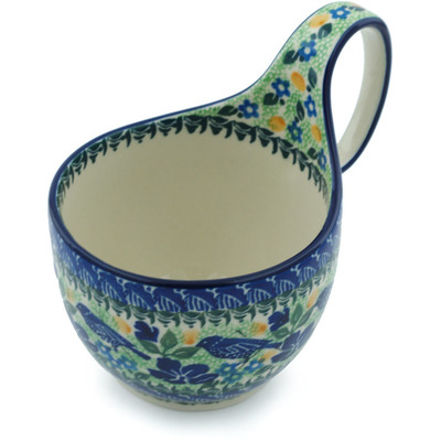 Polish Pottery Bowl with Loop-Handle 16 oz Sitting Blue Birds UNIKAT