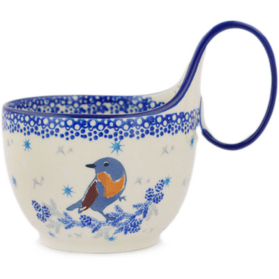 Polish Pottery Bowl with Loop-Handle 16 oz Snowcap Songbird