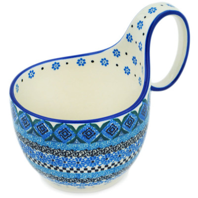Polish Pottery Bowl with Loop Handle 16 oz Sparkling Sea UNIKAT