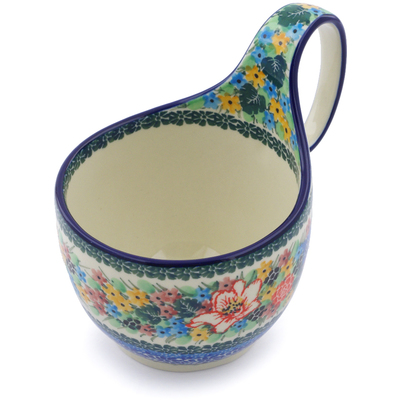 Polish Pottery Bowl with Loop Handle 16 oz Splendid Hibiscus UNIKAT