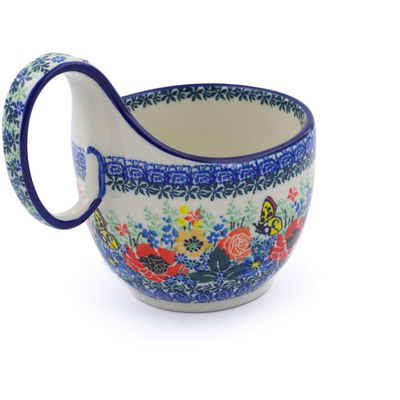 Polish Pottery Bowl with Loop-Handle 16 oz Spring Butterfly UNIKAT