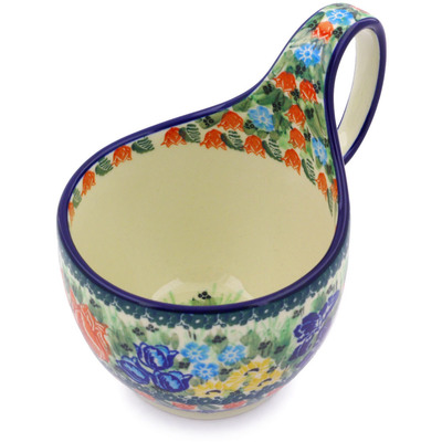 Polish Pottery Bowl with Loop-Handle 16 oz Spring Tulips UNIKAT