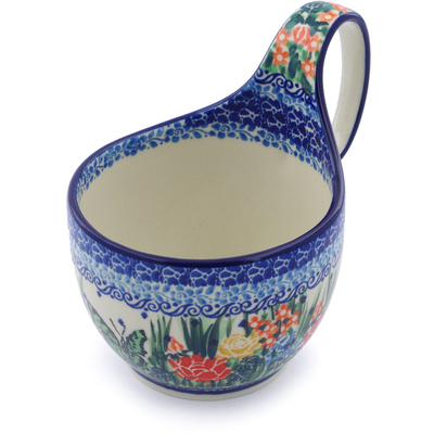 Polish Pottery Bowl with Loop-Handle 16 oz Springtime Butterfly UNIKAT
