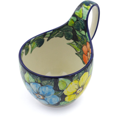 Polish Pottery Bowl with Loop Handle 16 oz Springtime Flowers UNIKAT