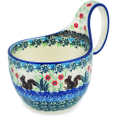 Polish Pottery Bowl with Loop-Handle 16 oz Squirrel Paradise UNIKAT