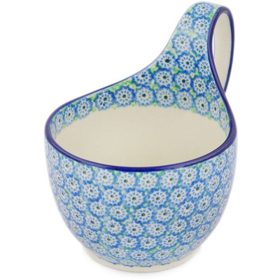 Polish Pottery Bowl with Loop-Handle 16 oz Teal Wheels
