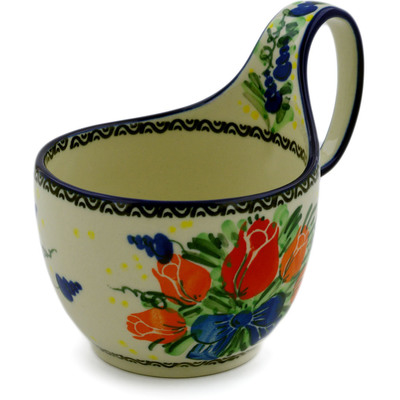 Polish Pottery Bowl with Loop Handle 16 oz Tulip Bouquet UNIKAT