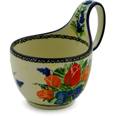 Polish Pottery Bowl with Loop-Handle 16 oz Tulip Bouquet UNIKAT