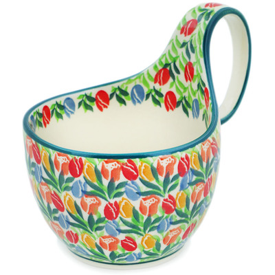 Polish Pottery Bowl with Loop Handle 16 oz Tulip Cascade UNIKAT