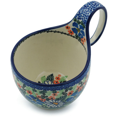Polish Pottery Bowl with Loop Handle 16 oz White Daisy Surprise UNIKAT