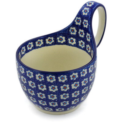 Polish Pottery Bowl with Loop-Handle 16 oz White Flowers On Blue