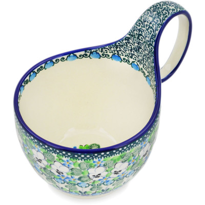 Polish Pottery Bowl with Loop Handle 16 oz White Pansies UNIKAT