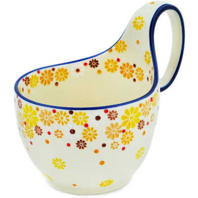 Polish Pottery Bowl with Loop Handle 16 oz Yellow Daisy Chain