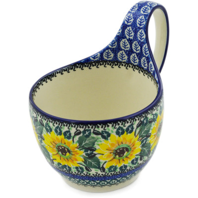 Polish Pottery Bowl with Loop Handle 16 oz Yellow Sunflowers UNIKAT