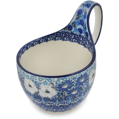 Polish Pottery Bowl with Loop Handle, loop bowl 16 oz Blue Wildflower Meadow UNIKAT