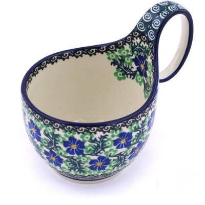Polish Pottery Bowl with Loop Handle, loop bowl 16 oz Swirling Emeralds