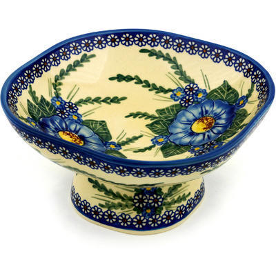 Polish Pottery Bowl with Pedestal 10&quot; Blue Bouquet