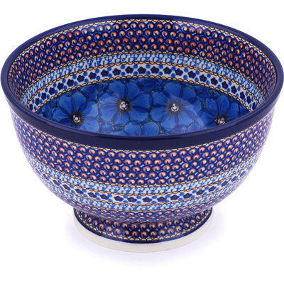 Polish Pottery Bowl with Pedestal 10&quot; Blue Poppies UNIKAT